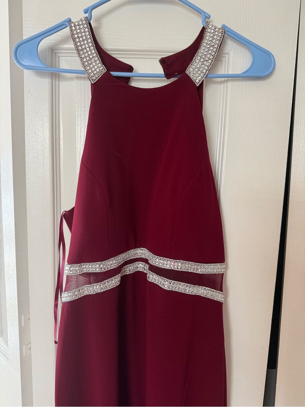 My Michelle Burgundy Halter Dress with Rhinestone Accents